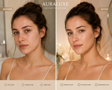 Before and after comparison showing radiant, even-looking skin with Auraluxe