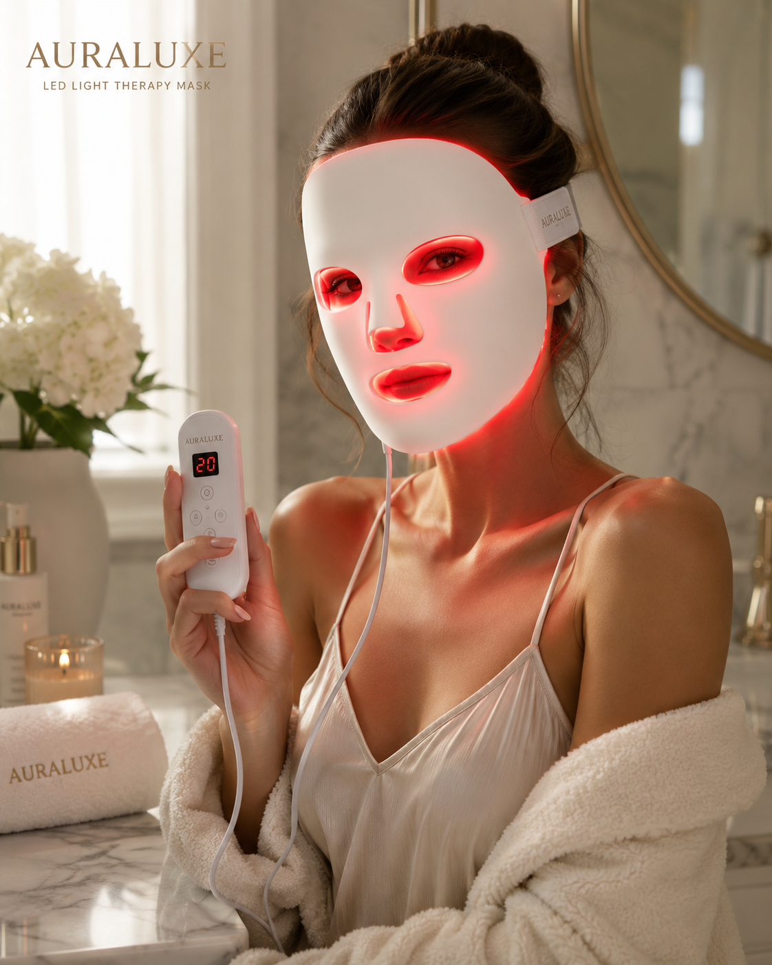 Woman wearing the glowing red Auraluxe LED light therapy mask in a luxury bathroom